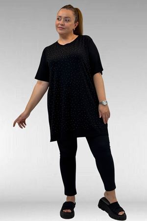 68501 Büyük Beden Yakası Biyeli Önü Taşlı Penye Tişört - Siyah