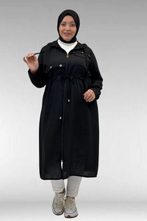 63008 Büyük Beden Kuşgözü Detaylı Keten Kap - Siyah