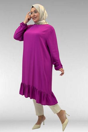 68033 Büyük Beden Eteği Fırfırlı Maroken Tunik - Fuşya