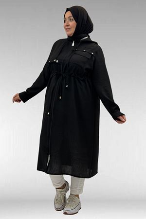 63008 Büyük Beden Kuşgözü Detaylı Keten Kap - Siyah