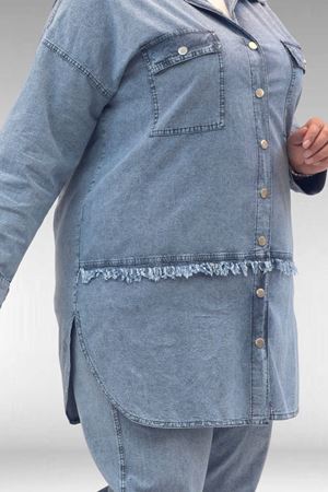 67045 Büyük Beden Püskül ve Cep Detaylı Tensel Pantolonlu Takım - Kar Yıkama Mavi