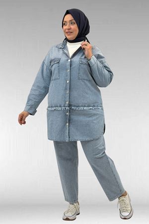 67045 Büyük Beden Püskül ve Cep Detaylı Tensel Pantolonlu Takım - Kar Yıkama Mavi