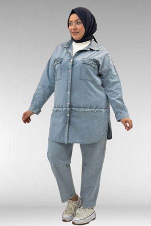 67045 Büyük Beden Püskül ve Cep Detaylı Tensel Pantolonlu Takım - Kar Yıkama Mavi
