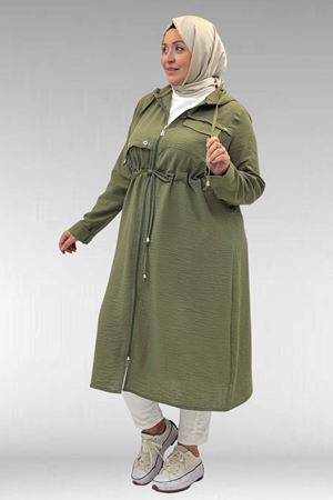 63008 Büyük Beden Kuşgözü Detaylı Keten Kap - Haki