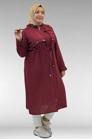 63008 Büyük Beden Kuşgözü Detaylı Keten Kap - Bordo
