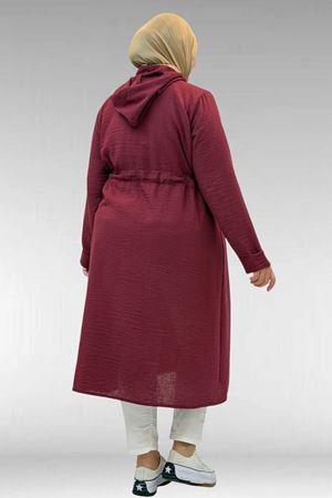 63008 Büyük Beden Kuşgözü Detaylı Keten Kap - Bordo