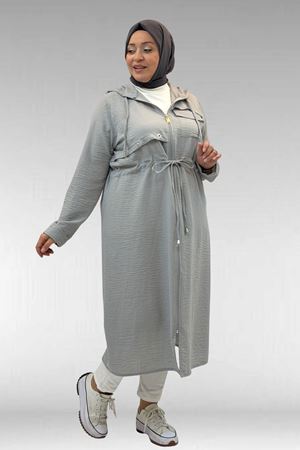63008 Büyük Beden Kuşgözü Detaylı Keten Kap - Gri