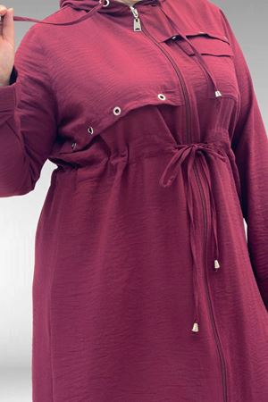 63008 Büyük Beden Kuşgözü Detaylı Keten Kap - Bordo