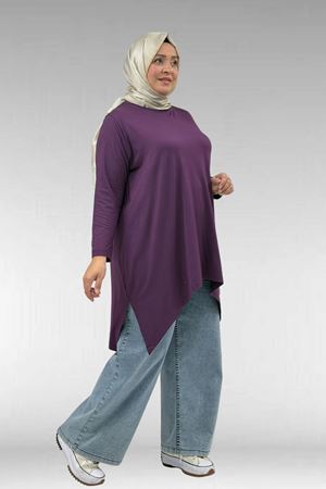 58070 Büyük Beden Asimetrik Kesim Penye Tunik - Mürdüm