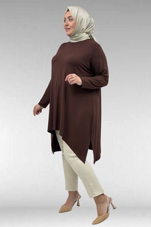58070 Büyük Beden Asimetrik Kesim Penye Tunik - Kahve