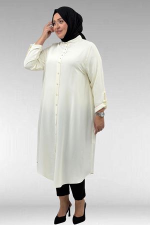 68039 Büyük Beden Hakim Yaka Maroken Gömlek - Ekru