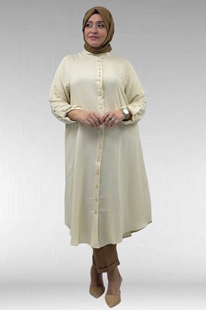 68039 Büyük Beden Hakim Yaka Maroken Gömlek - Bej