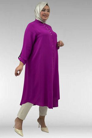 68039 Büyük Beden Hakim Yaka Maroken Gömlek - Fuşya