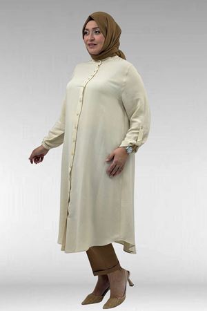 68039 Büyük Beden Hakim Yaka Maroken Gömlek - Bej