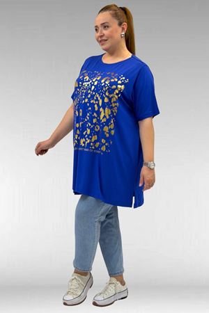 68502 Büyük Beden  Yakası Biyeli Önü Baskılı Penye Tişört - Saks