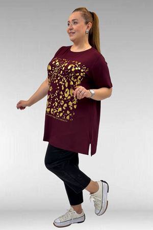 68502 Büyük Beden  Yakası Biyeli Önü Baskılı Penye Tişört - Bordo