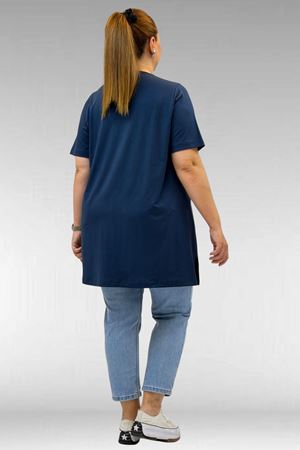 68502 Büyük Beden  Yakası Biyeli Önü Baskılı Penye Tişört - Petrol