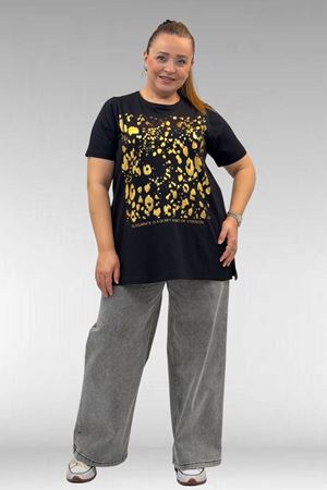 68502 Büyük Beden  Yakası Biyeli Önü Baskılı Penye Tişört - Siyah