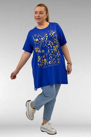 68502 Büyük Beden  Yakası Biyeli Önü Baskılı Penye Tişört - Saks