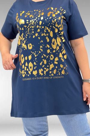 68502 Büyük Beden  Yakası Biyeli Önü Baskılı Penye Tişört - Petrol