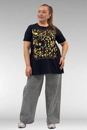 68502 Büyük Beden  Yakası Biyeli Önü Baskılı Penye Tişört - Siyah