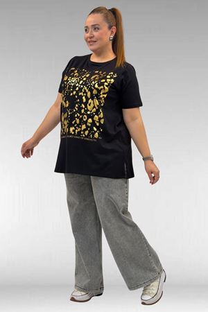 68502 Büyük Beden  Yakası Biyeli Önü Baskılı Penye Tişört - Siyah