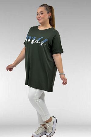 68503 Büyük Beden Yakası Biyeli Baskılı Penye Tişört - Haki