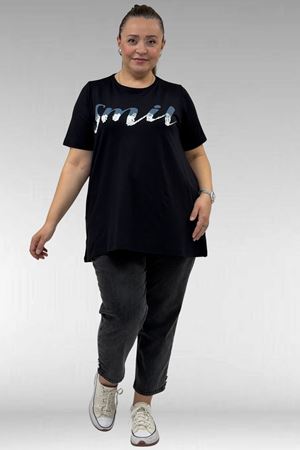 68503 Büyük Beden Yakası Biyeli Baskılı Penye Tişört - Siyah
