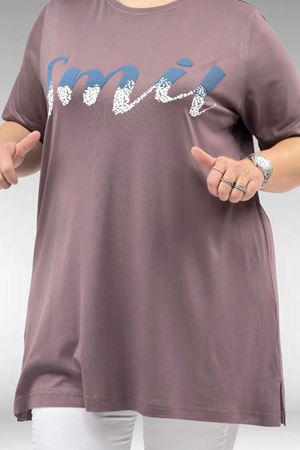 68503 Büyük Beden Yakası Biyeli Baskılı Penye Tişört - Vizon