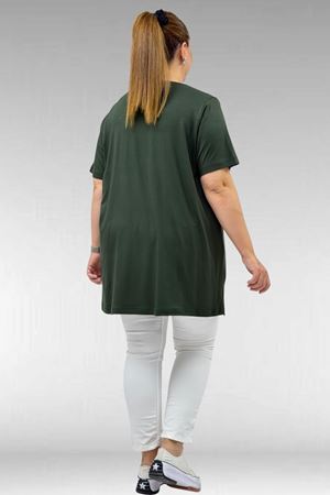 68503 Büyük Beden Yakası Biyeli Baskılı Penye Tişört - Haki