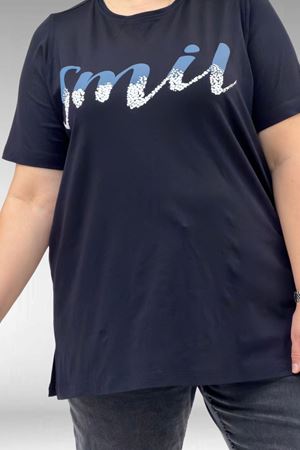 68503 Büyük Beden Yakası Biyeli Baskılı Penye Tişört - Siyah