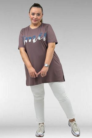 68503 Büyük Beden Yakası Biyeli Baskılı Penye Tişört - Vizon