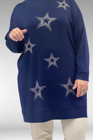 68027 Büyük Beden Yıldız Taş Baskılı Penye Tunik - Lacivert