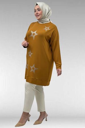 68027 Büyük Beden Yıldız Taş Baskılı Penye Tunik - Hardal
