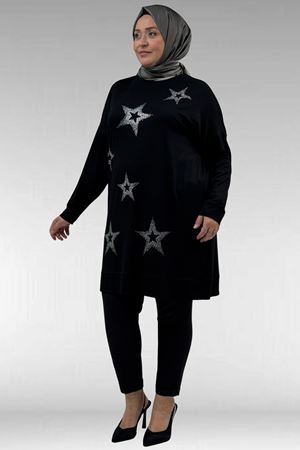 68027 Büyük Beden Yıldız Taş Baskılı Penye Tunik - Siyah