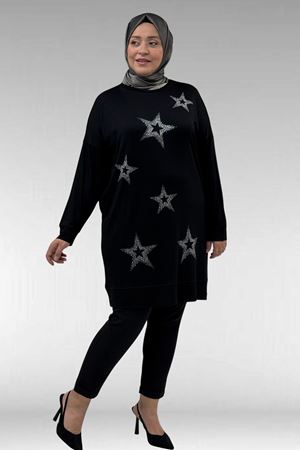 68027 Büyük Beden Yıldız Taş Baskılı Penye Tunik - Siyah