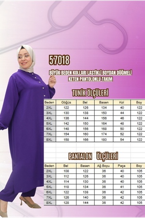 57018 Büyük Beden Kolları Lastikli Boydan Düğmeli Airobin Pantolonlu Takım - Kahve