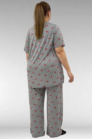 67801 Büyük Beden Kısakol Desenli  Pijama Takımı - Kırmızı Kurdele Desenli