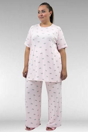 67801 Büyük Beden Kısakol Desenli  Pijama Takımı - Antrasit Kurdele Desenli