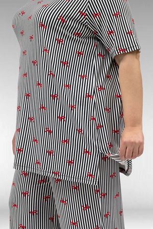 67801 Büyük Beden Kısakol Desenli  Pijama Takımı - Kırmızı Kurdele Desenli