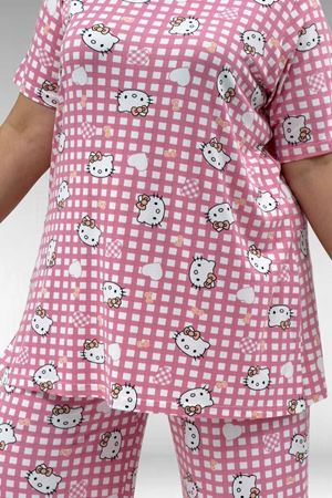 67801 Büyük Beden Kısakol Desenli  Pijama Takımı - Kedi Desenli