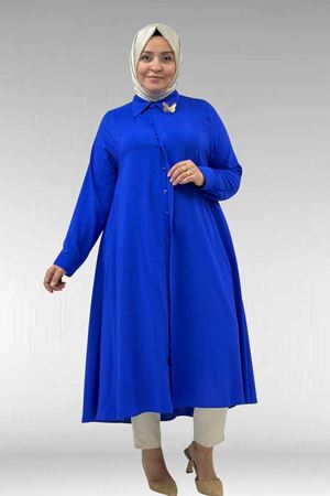 68034 Büyük Beden Broş Detaylı Mevlana Gömlek - Saks