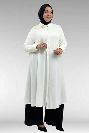 68034 Büyük Beden Broş Detaylı Mevlana Gömlek - Ekru