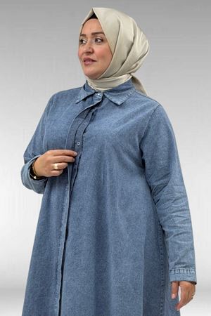 68023 Büyük Beden Mevlana Kesim Tensel Kot Gömlek -  Kar Yıkama Mavi