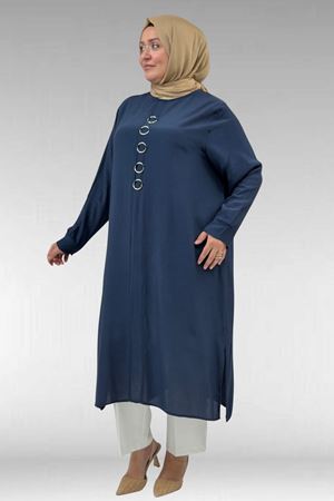 68032 Büyük Beden Halka Detaylı Maroken Tunik - Lacivert