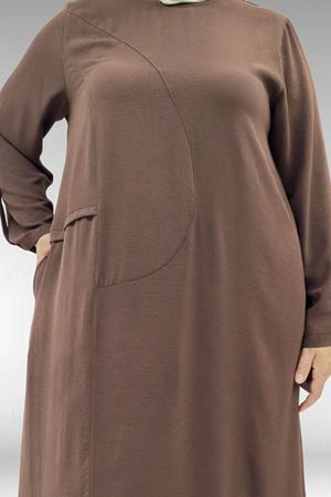 62010 Büyük Beden Ön  Patlı Pat Üzeri Perçinli Airobin Elbise - Kahve
