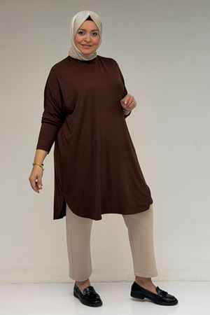 38111 Büyük Beden Basic Penye Tunik - Kahve