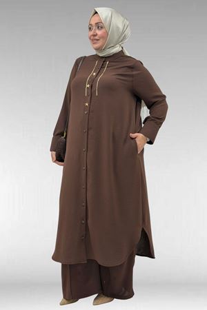 67048 Büyük Beden Patı Kar Tanesi Aksesuar Detaylı Airobin Pantolonlu Takım - Kahve