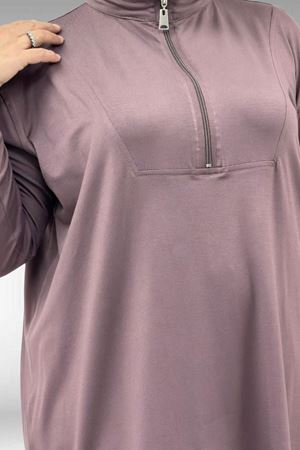67014 Büyük Beden Parçalı Yakalı Fermuarlı Pantolonlu Penye Takım - Vizon