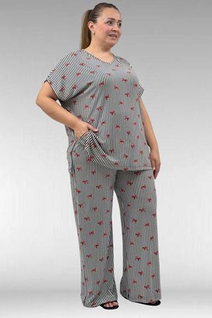 67802 Büyük Beden Yanı Yırtmaçlı Milan Pijama Takımı - Kırmızı Kurdele Desenli